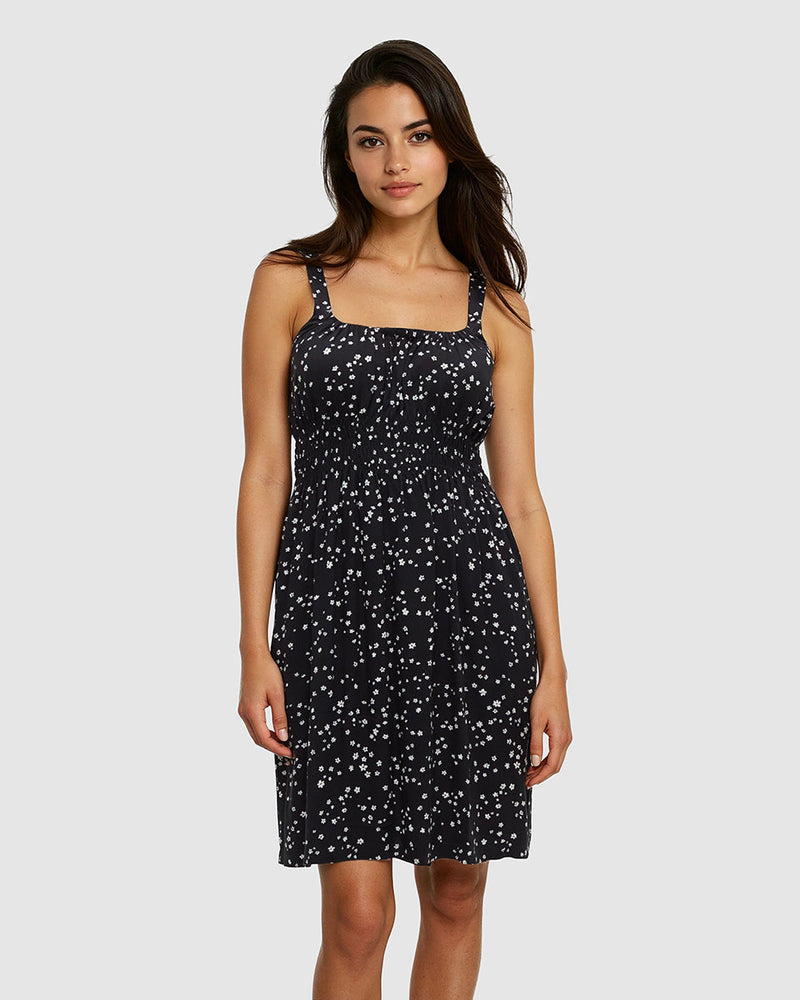 Black-EcoWoven-Crepe-Smocked-Dress