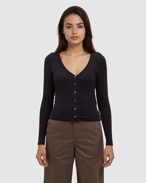 Black-Women_s-Button-Long-sleeve *Model is 5'9", wearing size S