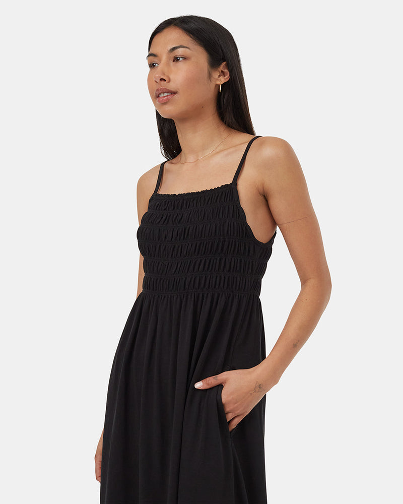 Black-Womens-Mid-Length-Smocked-Dress
