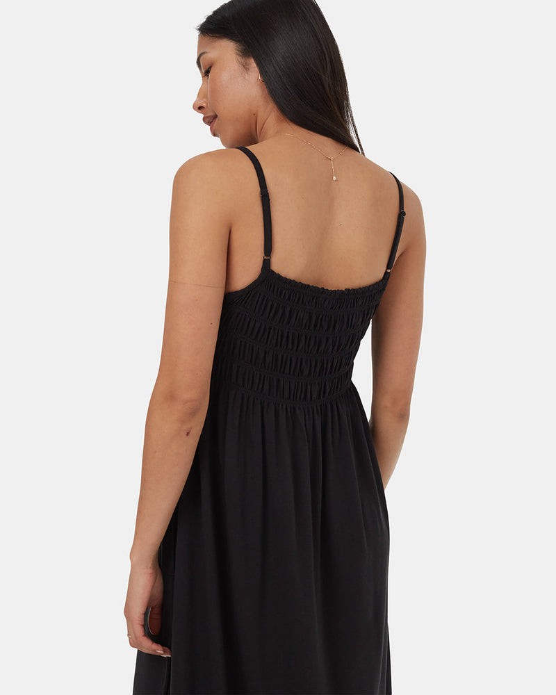 Black-Womens-Mid-Length-Smocked-Dress