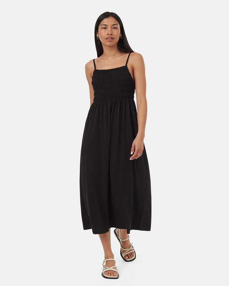 Black-Womens-Mid-Length-Smocked-Dress