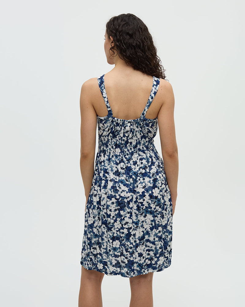 Blue-EcoWoven-Crepe-Smocked-Dress