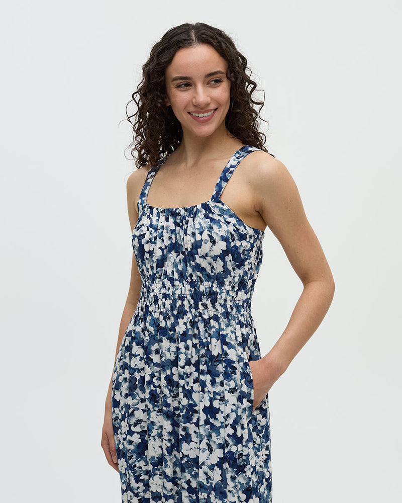 Blue-EcoWoven-Crepe-Smocked-Dress