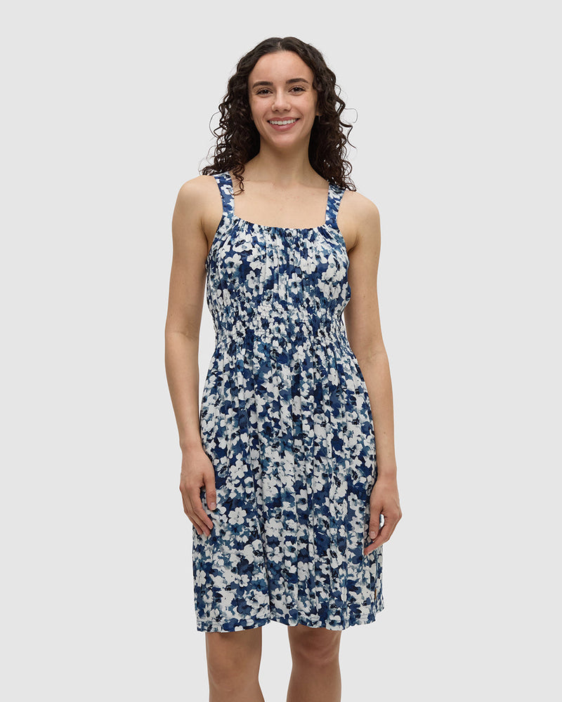Blue-EcoWoven-Crepe-Smocked-Dress