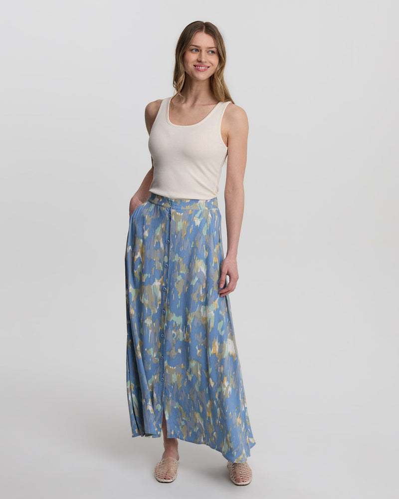 Blue-High-Rise-Patterned-Crepe-Maxi-Dress