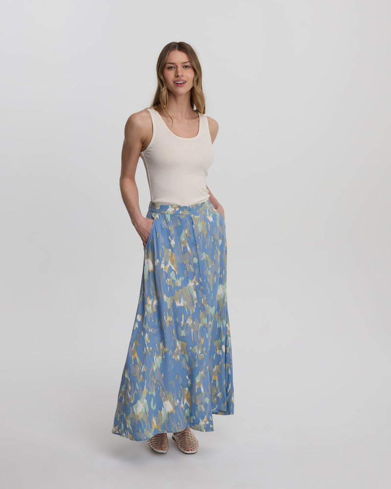 Blue-High-Rise-Patterned-Crepe-Maxi-Dress