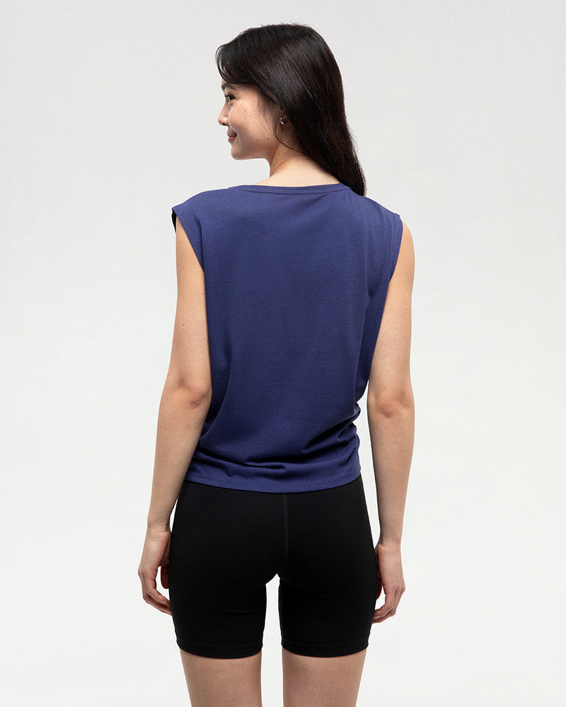 Blue-Twist-Front-Sleeveless-T-Shirt