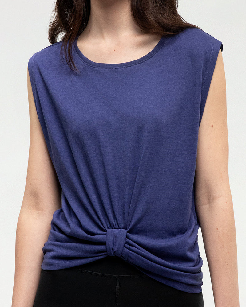Blue-Twist-Front-Sleeveless-T-Shirt