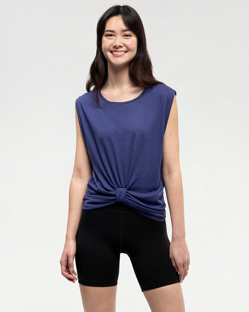 Blue-Twist-Front-Sleeveless-T-Shirt