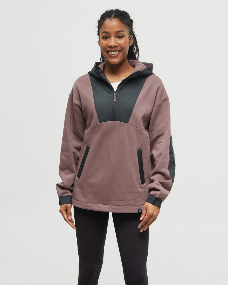 Brown-1/4-Zip-Color-Block-Fleece-Hoodie