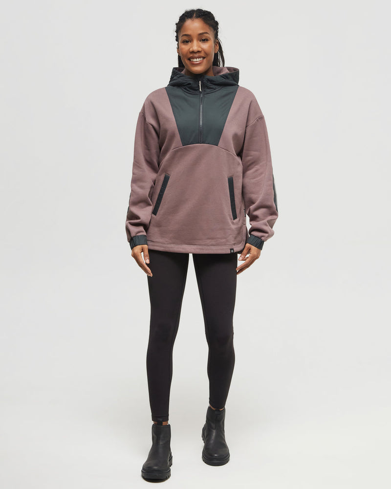 Brown-1/4-Zip-Color-Block-Fleece-Hoodie