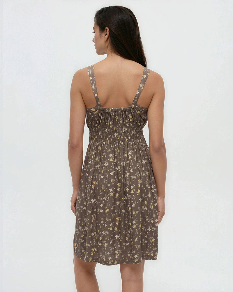 Brown-EcoWoven-Crepe-Smocked-Dress