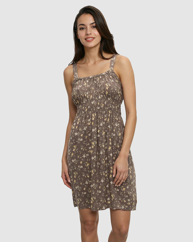 Brown-EcoWoven-Crepe-Smocked-Dress