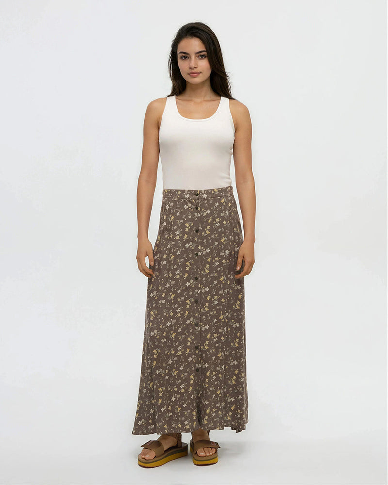 Brown-High-Rise-Patterned-Crepe-Maxi-Dress