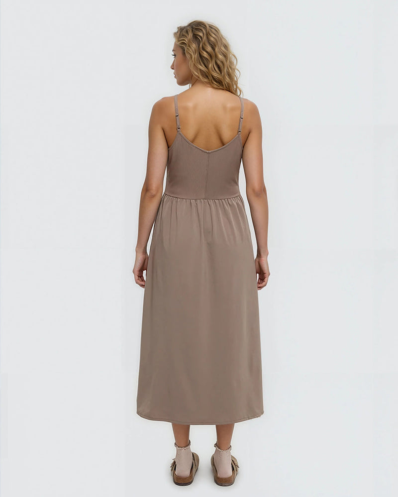 Brown-Slim-Fit-Adjustable-Midi-Dress