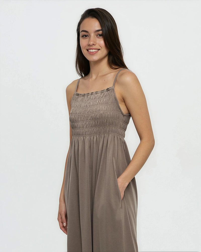 Brown-TreeBlend-Sleeveless-Smocked-Dress