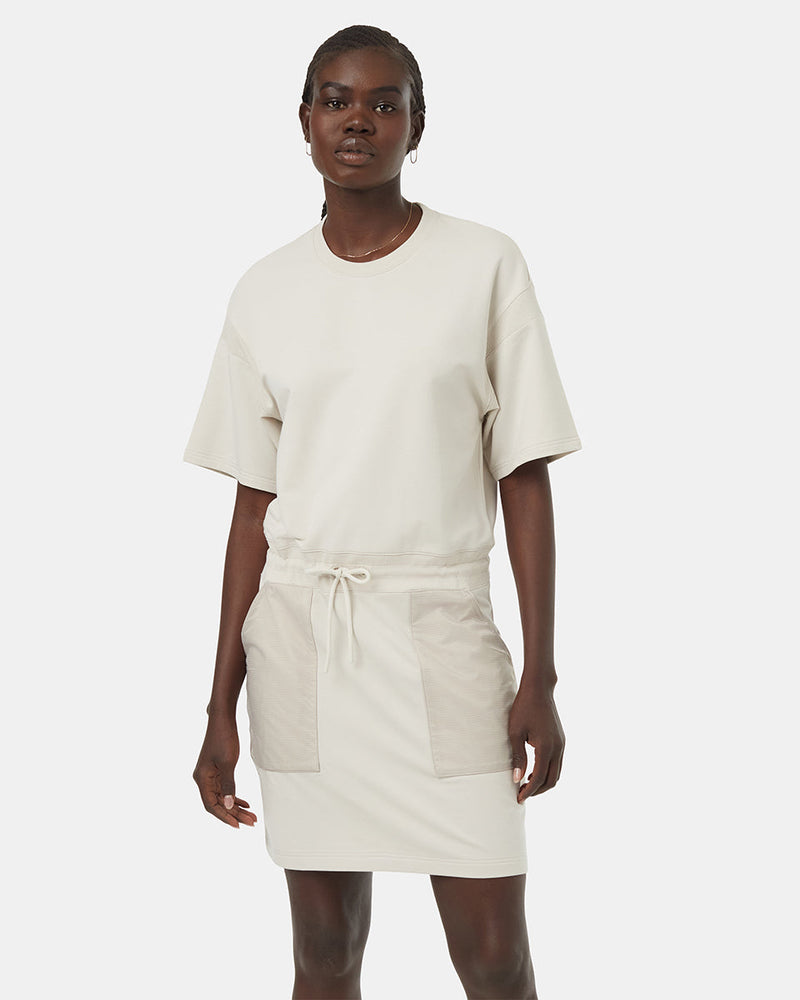 Grey-Crew-Neck-Drawcord-Shortsleeve-Mini-Dress