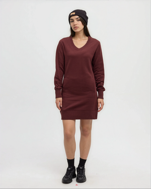 Red-Women_s-V-neck-Fleece-Dress *Model is 5'8", wearing size S