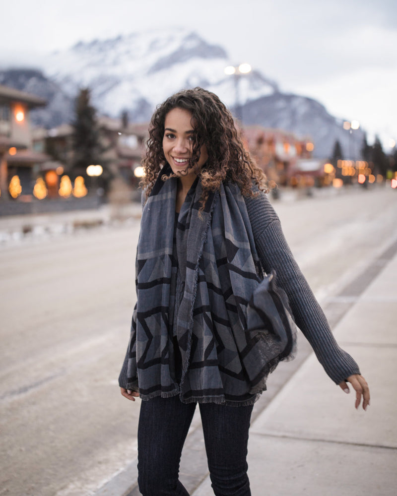 Black,Blue Organic Cotton Pattern Blanket Scarf