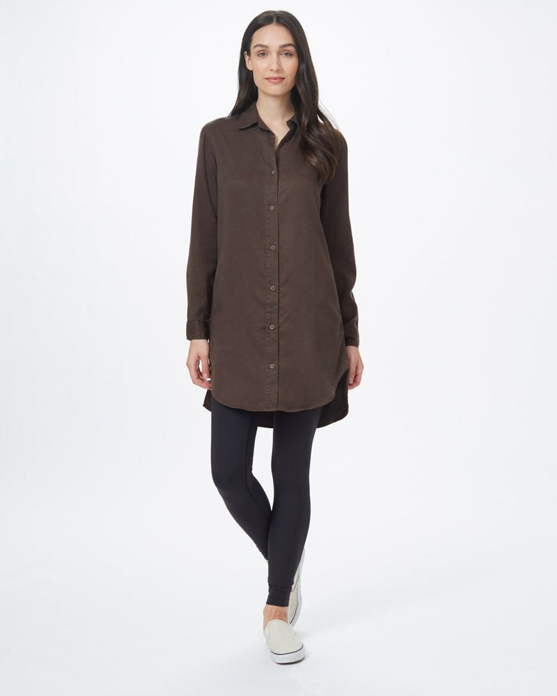 shirt dress with tights Women's Outfit: Black and White Shirtdress, White Leather Brogues, Black Tights