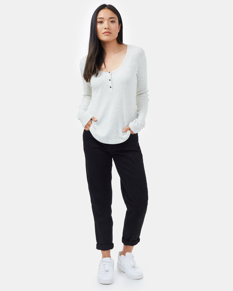 White Women's Waffle Knit Button Longsleeve Shirt