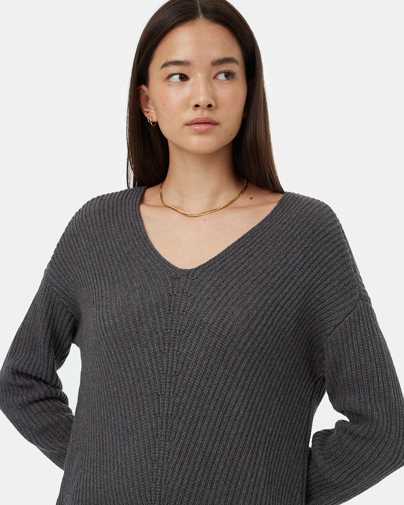 grey v neck sweater dress Grey V-Neck Long Puff Sleeve Mini Sweater Dress